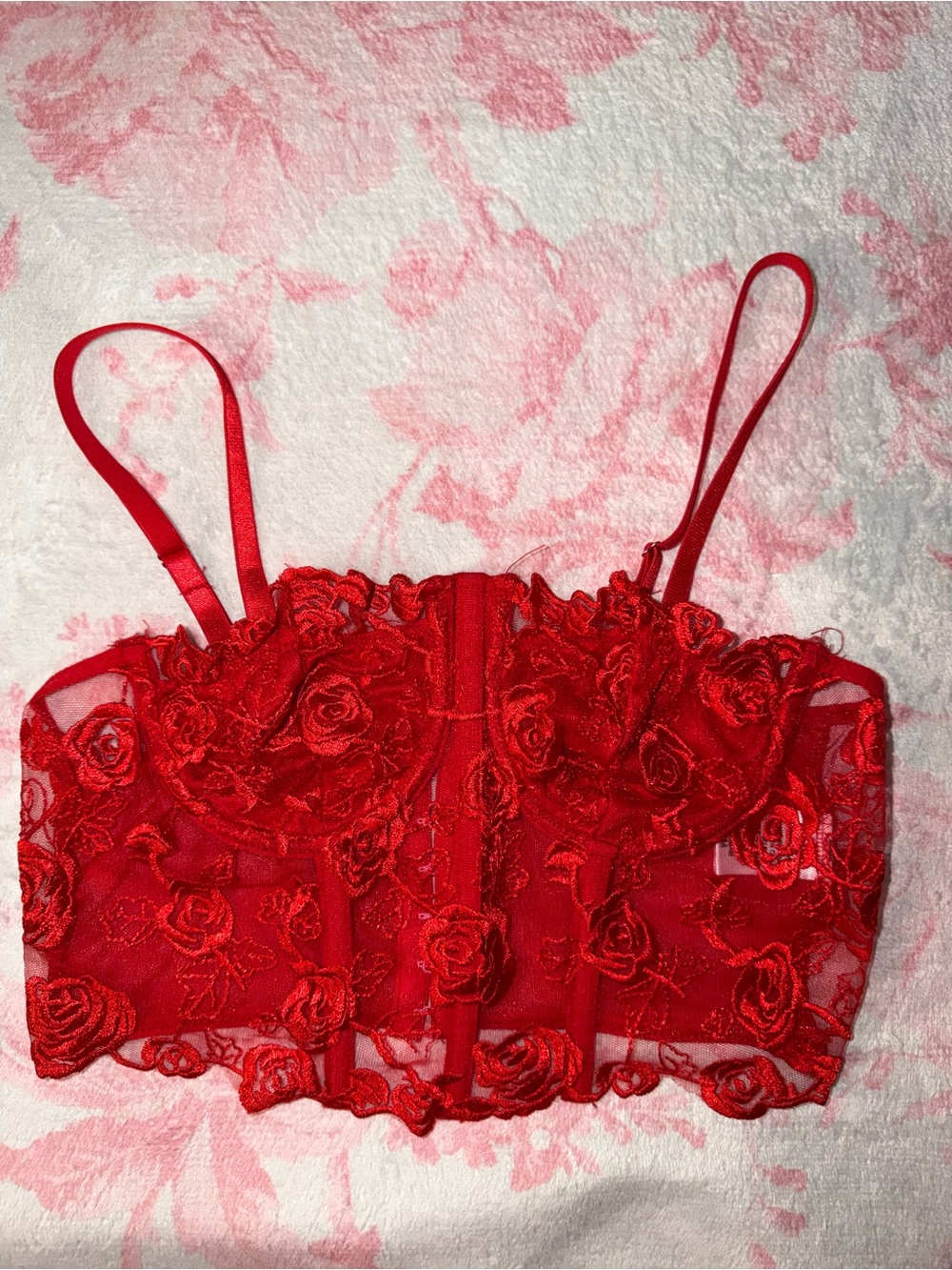 Embroidered Rose Red Longline Crop Bralette - Women Tops Crop Tops